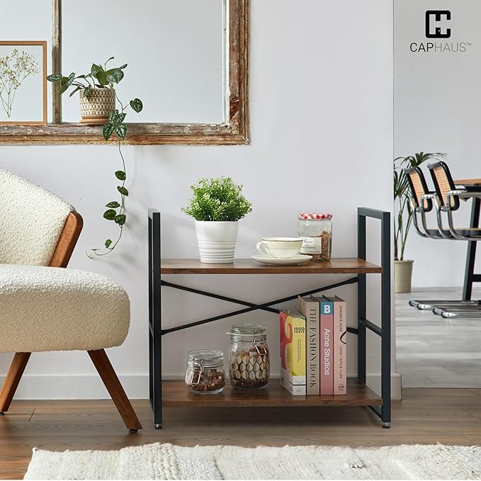 CAPHAUS 2 Tier Small Bookshelf, 24 Inch Width Free Standing Shelf, Industrial Book Shelves for Home Office, Bookcase Shelf Storage Organizer for Living Room, Rustic Oak Vintage Shelves & Metal Frame