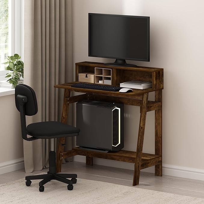 Furinno Simplistic Desk, 32" Wide Gaming Desk with Monitor Stand, A Frame Computer Desk with Shelf, Office Desk for Home Office, Bedroom, Study Room, Dorm, Amber Pine