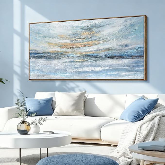 Nicetop Large Wall Art Canvas for Living Room, Framed Abstract Coastal Painting - 48x24 Inch Modern Light Blue and Gold Sunset Print, Ready to Hang Décor for Bedroom, Office, Bathroom, Dining Room Wall