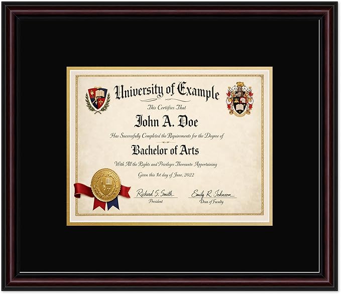 CountryArtHouse Diploma Frame Fits 11 x 8.5 US Letter Certificate - Keepsake Graduation Display Executive Brown Genuine Hardwood with Black Over Metallic Gold Double mat