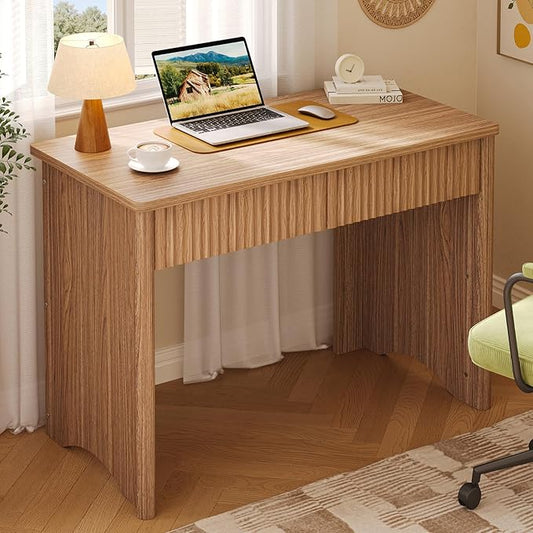 Bestier 40 Inch Fluted Wood Computer Desk with Drawers, Modern Home Office Desk, Compact Writing Desk, Laptop PC Desk for Bedroom, Studio, Study Room, Small Space & Dorm