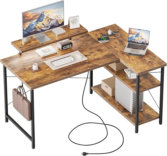 Mericonia Small L Shaped Computer Desk with Power Outlets, Reversible Gaming Desk with Storage Shelves & Monitor Stand, Corner Gamer Desk Table, Study Writing Table