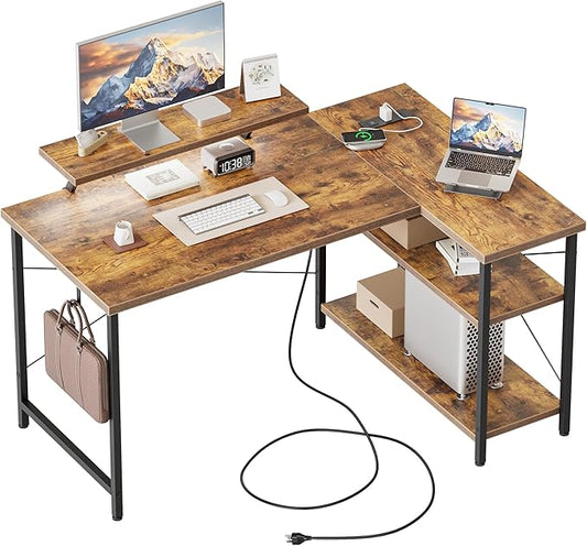 Mericonia Small L Shaped Computer Desk with Power Outlets, Reversible Gaming Desk with Storage Shelves & Monitor Stand, Corner Gamer Desk Table, Study Writing Table