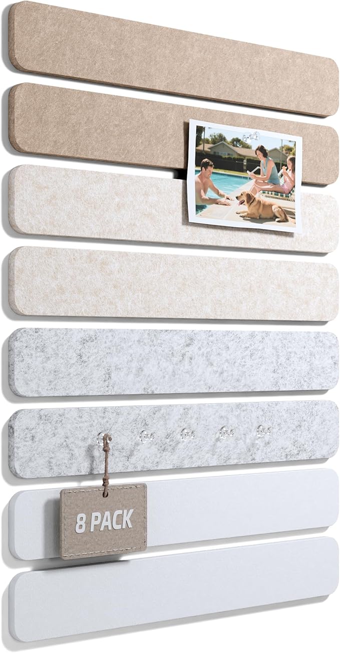Cork Board Alternative Felt Strip Board 8-Pack 13"x2", Office Pin Board with 50 Push Pins, Adhesive Install for Bedroom Door & Home Office(Stone Beige)