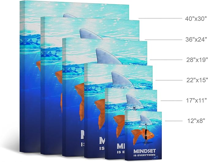 Smile Art Design Mindset is Everything Fish vs Shark in Ocean Motivational Wall Art Canvas Print Inspirational Wall Art Entrepreneur Quote Office Living Room Decor Gift Ready to Hang 17x11