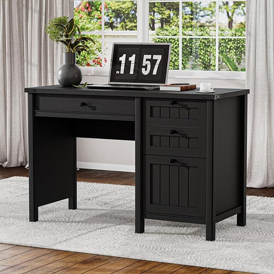 Farmhouse Executive Desk 45 inch Computer Desk with 4 Drawers, Smart Charging Station, Home Office & Study Room Essential for Remote Workers, Professionals & Students.Black