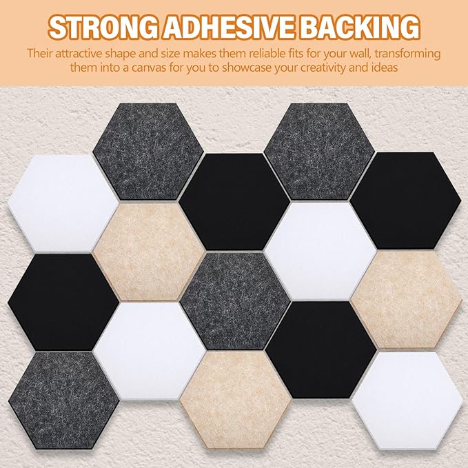 16 Pcs Hexagon Cork Board for Walls with 50 Wooden Push Pins 6.7 x 5.9 in Felt DIY Tiles Notice with Nano Tape Hanging Bulletin Board for Home Photo Office Memo Note(Classic Colors)