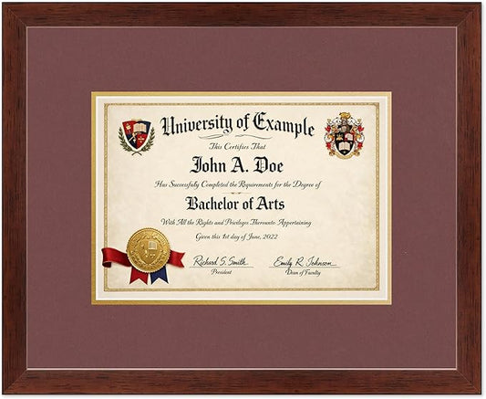 CountryArtHouse Diploma Frame Fits 11.69 x 8.27 A4 Certificate - Keepsake Graduation Display Rustic Walnut Genuine Hardwood with Dark Red Over Metallic Gold Double mat