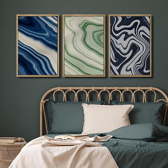 SIGNFORD Framed Wall Art Print Set Blue and Green Marble Swirl Abstract Bold Digital Art Modern Art Contemporary for Living Room, Bedroom, Office - 16"x24"x3 NATURAL