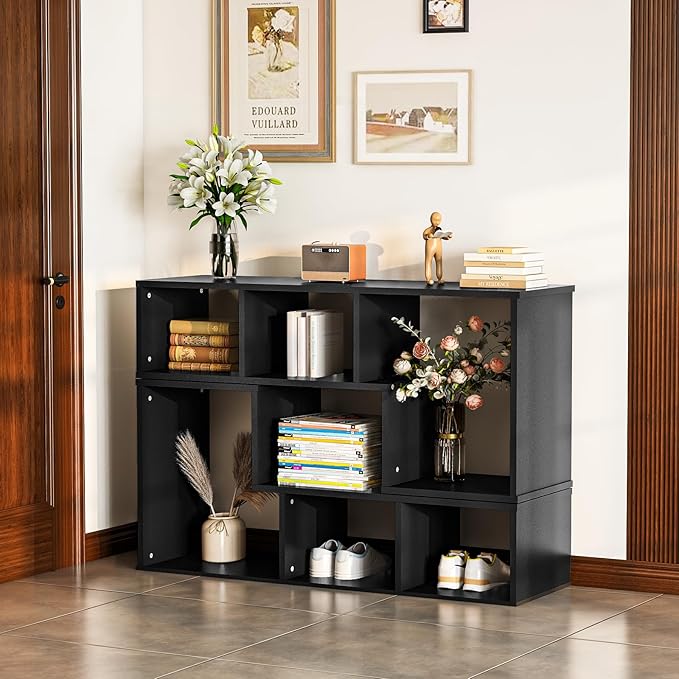 Recaceik Cube Bookshelf 2 Shelf Bookcase L-Shaped TV Console Stand Modern Entertainment Center with Open Storage Shelves for CDs/Movies/Books for Living Room, Bedroom, Home Office (Black)
