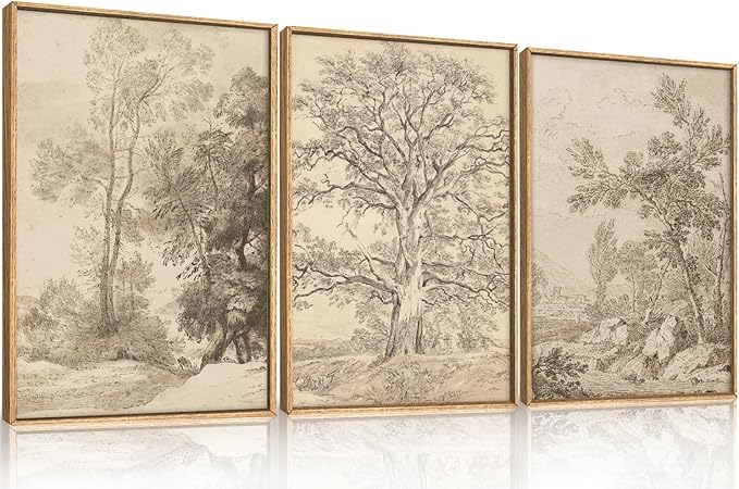 Ausril Large Vintage Sketchbook Framed Canvas Wall Art Set, Minimalist Tree Sketch Wall Decor, Neutral Botanical Wall Painting, Boho Nature Landscape Art Print Living Room, Bedroom, Office 16"x24"x3
