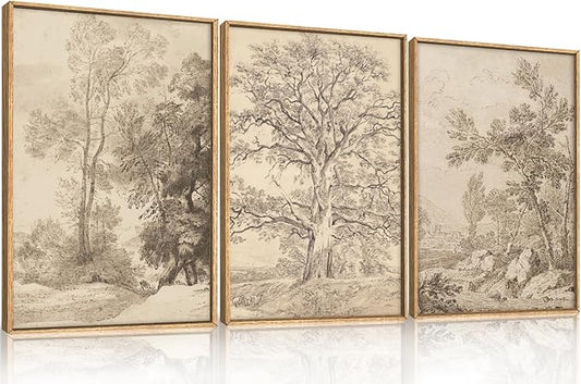 Ausril Vintage Sketchbook Forest Framed Canvas Wall Art Set, Neutral Minimalist Tree Wall Decor, Wilderness Illustration Wall Painting, Retro Botanical Art Print Living Room, Bedroom, Office-36"x24"x3