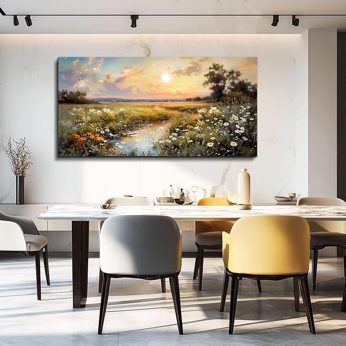 hyidecorart Vintage Farmhouse Wildflower Wall Paintings Canvas Wall Art for Living Room Wall Decor for Bedroom Office Decorations Nature Landscape Picture Artwork Aesthetic Home Decor Ready To Hang