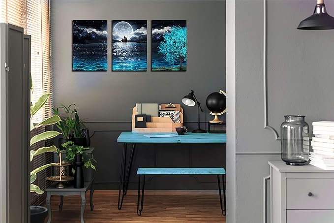 Moon Wall-Art - Teal Ocean Modern Decor Wall Decor For Living Room - Wall Art For Bedroom On Canvas Framed Size 12x16 Inches x3 Pieces