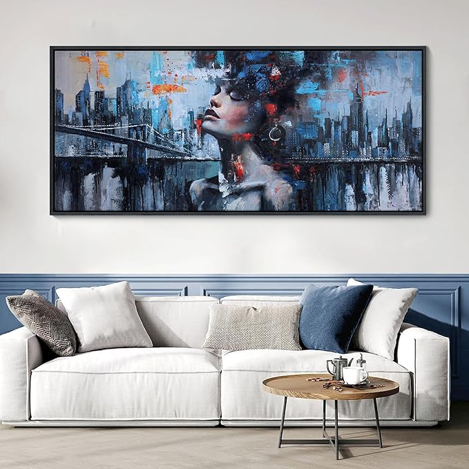 YDYSUNE Navy Blue Painting Wall Art Black Woman Picture for Living Room modern Home Bedroom Decoration New York City Framed Artwork Decor 70x31IN