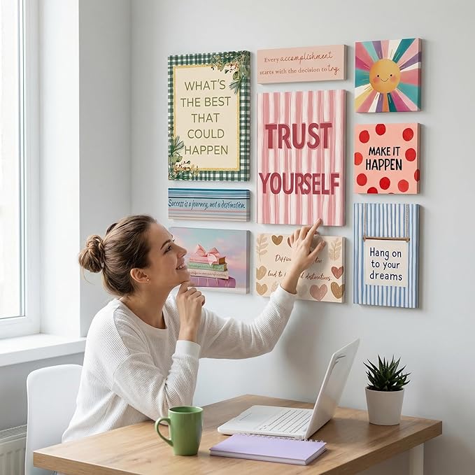 Motivational Wall Decor Posters Inspirational Wall Art for Living Room Bathroom Bedroom Decor For Teen Girls - Wall Decor Office Gifts For Women With Framed Canvas Set of 9 Artwork Ready to Hang