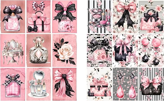 Generic Paper Moon Media: Black and Pink Fashionista Scrapbook and Junk Journal Tags 8.5 x 11, 6 Sheets for Journals, Scrabpooking, ATC, Card Making etc, Collage Sheet Bundle, Single Sided Prints