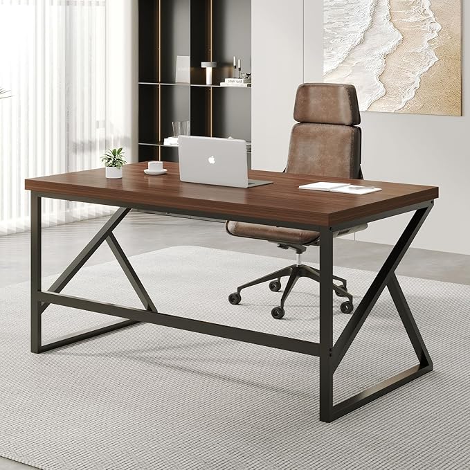 HSH Walnut Computer Desk, Industrial Modern Metal Wood Desk Workstation, Rustic Executive PC Laptop Work Desk Table for Home Office, Simple 55 Inch Writing Study Gaming Desk in Bedroom Living Room