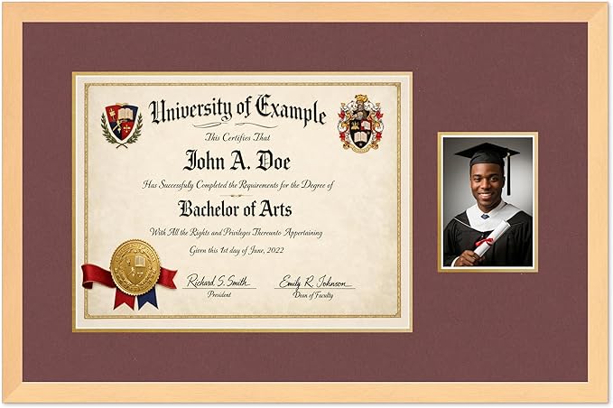 CountryArtHouse Fits 17 x 13 International Diploma and 5 x 7 Photo Diploma and Photo Frame Natural Wood Genuine Hardwood with Dark Red Over Metallic Gold Double mat