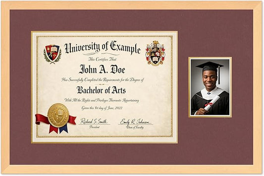 CountryArtHouse Fits 17 x 13 International Diploma and 5 x 7 Photo Diploma and Photo Frame Natural Wood Genuine Hardwood with Dark Red Over Metallic Gold Double mat