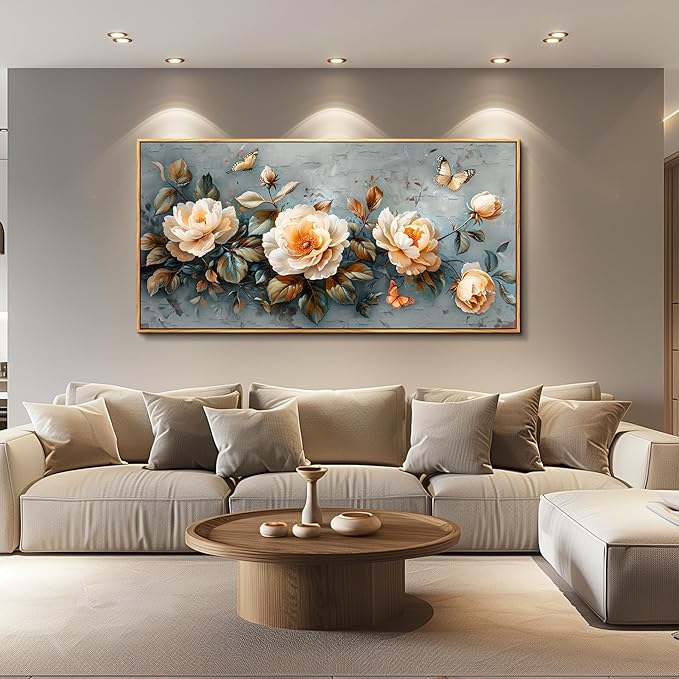 PHAOHUAXM Wall Art For Living Room Canvas Wall Decor For Bedroom White Ink-Wash Flower Wooden Frame Paintings Office Restaurant Room Decorations Printing Artwork Ready To Hang Home Decor 20" X40