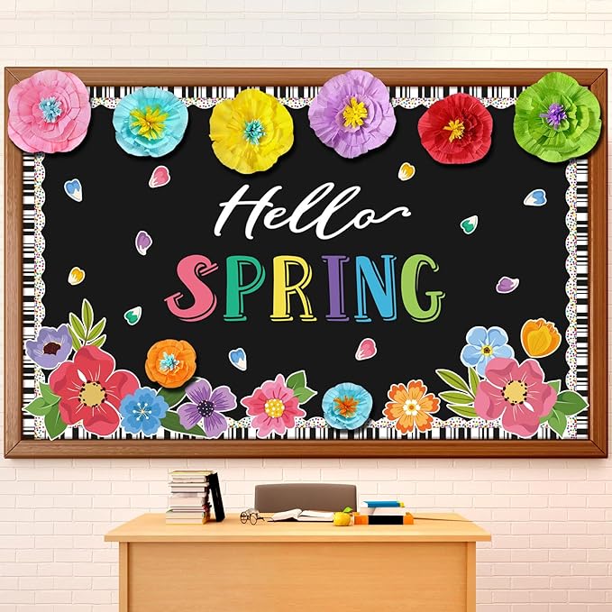 62 Pcs Spring Bulletin Board Set with Borders, 3D Paper Flowers & Cutouts for Classroom Decoration, Hello Spring Floral Wall Decor for Teacher, Chalkboard, Door & Hallway