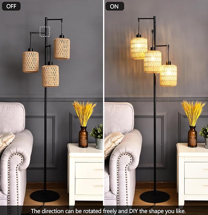 Floor Lamp for Living Room,Bedroom,3-Lights Boho Rattan Tree Floor Lights,Industrial Black Farmhouse Standing Lamp Wicker Rustic Tall Lamp,Woven Bamboo LampShade Floor Lamps Bohemian
