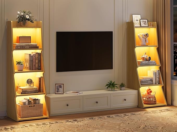 Hoctieon 5-Tier Open Bookcase and Bookshelf with LED Light, Floor Standing Display Storage Shelves, Wood Modern Display Organizer for Home Office, Living Room, Bedroom, Study, Yellow Oak