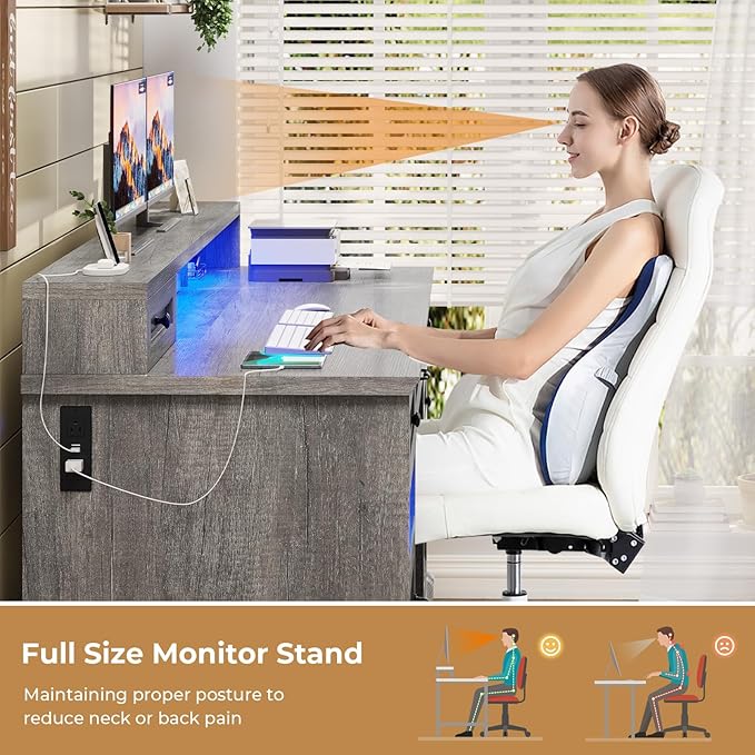 BTHFST Farmhouse Executive Desk with File Drawer, Computer Desk with Charging Station & LED Lights, Home Office Desk with Drawers & Storage Cabinet, Executive Office Desk with Monitor Stand, Grey