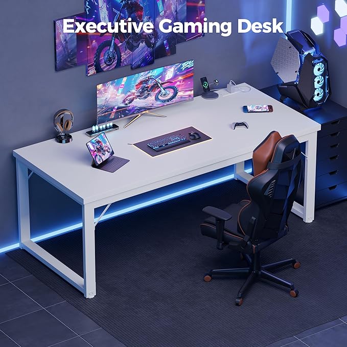 Mericonia 48 Inch Computer Desk with Power Outlets, 1.2" Thick Heavy Duty Industrial Office Desk, Modern Simple Study Writing Table for Home Bedroom Workstation, White