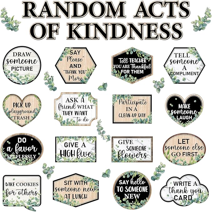 Greenery Random Acts of Kindness Bulletin Board Set Eucalyptus Classroom Bulletin Board Decorations Kindness Challenge Cutouts Classroom Decorations for Back to School Office Chalkboard Decor