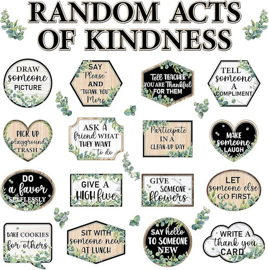 Greenery Random Acts of Kindness Bulletin Board Set Eucalyptus Classroom Bulletin Board Decorations Kindness Challenge Cutouts Classroom Decorations for Back to School Office Chalkboard Decor