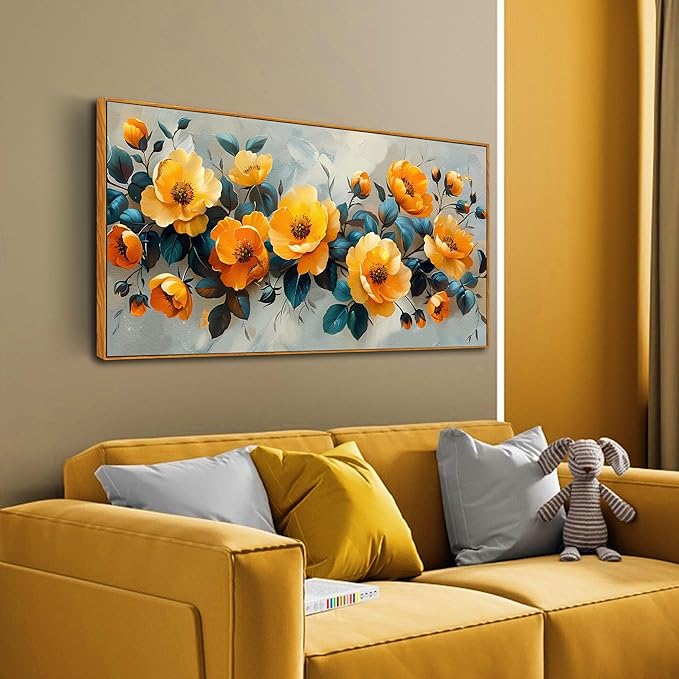 AOZEMI Yellow Wall Art Modern Artwork Blue Home Decorations Room Decor Flower Art for Living Room 29"x59"in Wall Pictures