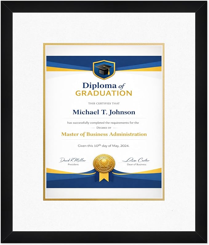 Diploma Frame Matte Black with Oyster Shell Over Gold Double Mat - Fits 10 x 13 College Diploma (Portrait Traditional) Wall Display Made in the USA