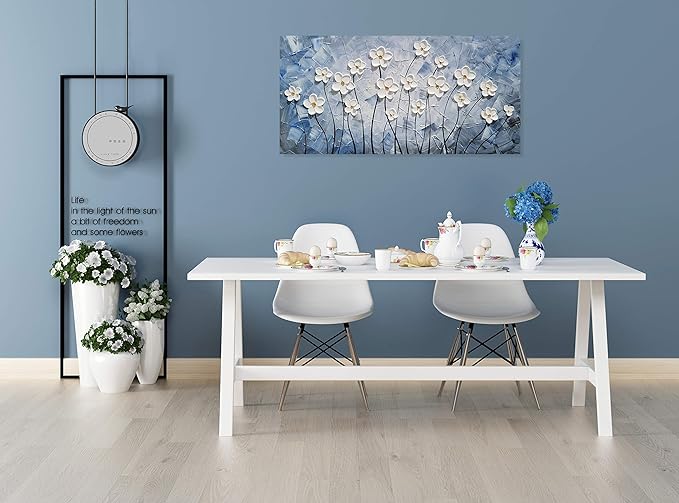 YHSKY ARTS Enchanting 3D Hand-Painted White Floral Wall Art, Textured Floral Masterpiece Brings a Touch of Elegance and Natural Beauty to Any Home Space