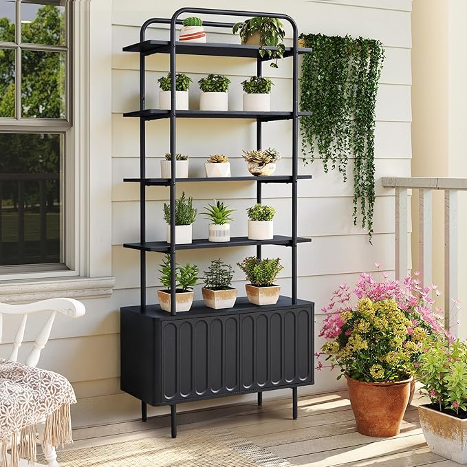 71" Tall Bookshelf with Door, 6-Tier Bookcase Modern Metal Book Shelf with Open Shelves & Adjustable Footpad Freestanding Storage Cabinet for Living Room, Home Office (Black)