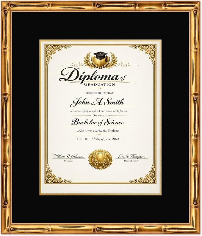 CountryArtHouse Diploma Frame Fits 11 x 14 College Diploma (Portrait) - Keepsake Graduation Display Gold Bamboo Genuine Hardwood with Black Over Metallic Gold Double mat