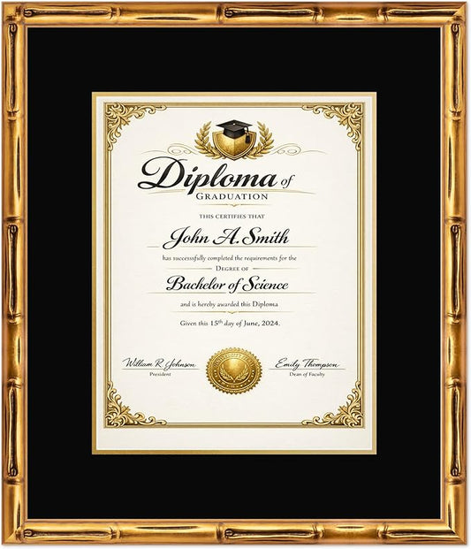 CountryArtHouse Diploma Frame Fits 11 x 14 College Diploma (Portrait) - Keepsake Graduation Display Gold Bamboo Genuine Hardwood with Black Over Metallic Gold Double mat