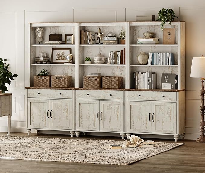 WAMPAT Set of 3 Rustic White Bookcase with Doors & Drawers, 5 Tier Bookshelf, 72'' Tall Book Case Shelf, Large Wood Bookcases Farmhouse Bookshelves for Living Room Bedroom Home Office Kitchen