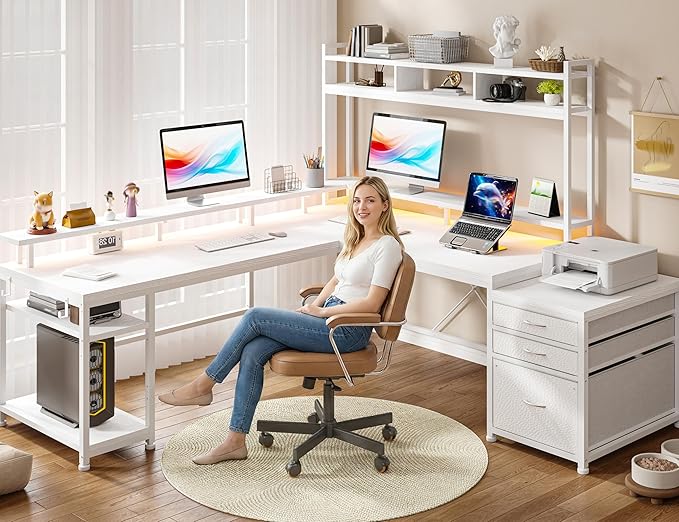 EnHomee 64 x 60 Inches L Shaped Desk with Hutch and Drawers, Gaming Desk with Power Outlet & Monitor Stand & LED Lights, Computer Corner Desk, Two Person Office Desk for Living, Gaming Room, White