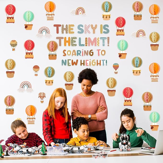Crtiin 3D Hot Air Balloon Honeycomb Bulletin Board Set for School Classroom Decoration Hot Air Balloon Artcraft Cutouts with Honeycomb for Back to School Kindergarten Decor The Sky Is The Limit (Boho)