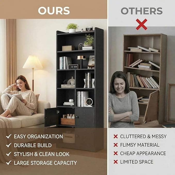 IRONCK Bookshelf with Doors, Book Shelf with Storage Shelves, 74.6 in Tall Bookcase for Home Office, Living Room, Bedroom, Black