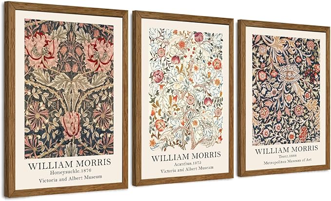 Krtoni 3PCS Framed William Morris Wall Art, Rustic Farmhouse Floral Wall Decor, Vintage Flower Plants Aesthetic Paintings, Flower Botanical Art Prints for Living Room Bedroom Bathroom 12W x 16H