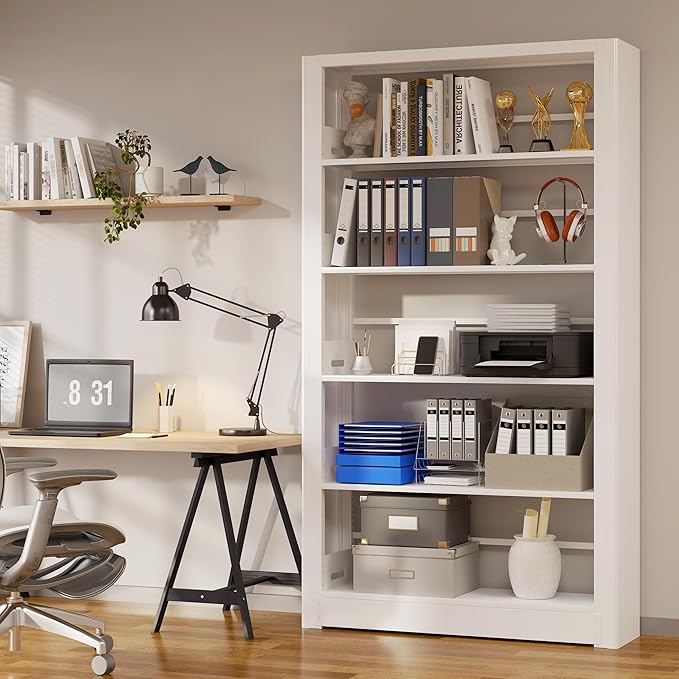 5 Tier Large Bookshelf, 69'' Tall Bookcase with Adjustable Shelves,Open Book Shelf Storage Organizer, White Bookcase for Bedroom,Living Room,Library,Office
