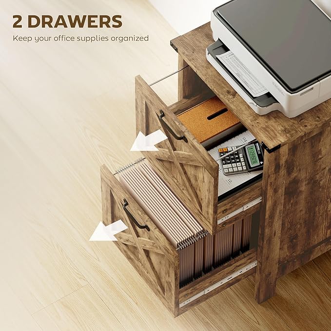 HOMCOM 2 Drawer Vertical File Cabinet with Silent Slides, Rustic Farmhouse Filing Cabinet with Barn Doors for A4/Letter Size, Printer Stand with Storage for Home Office, Rustic Brown