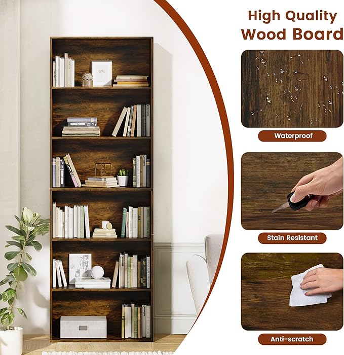 71" Tall 6-Tier Bookshelf, Large Open Display Bookcase with Ample Storage, Floor Standing Book Shelf for Living Room, Home Office, Bed Room, Brown