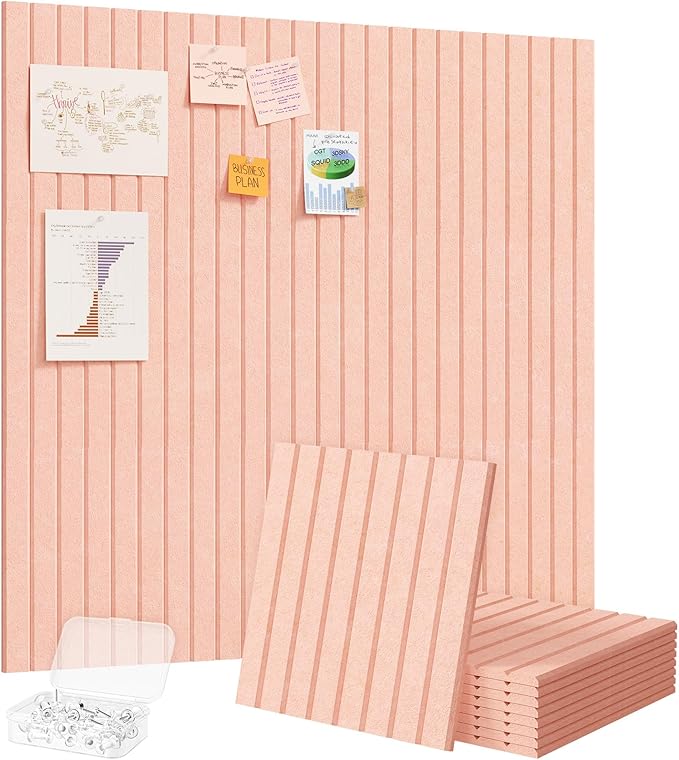 Lifewit Felt Slatted Bulletin Board with Self-Adhesive, 36"x 36"-9 Pack Cork Board Alternative, Pin Board Vision Board Message Board with 40 Pushpins for Office Decor, Room Decor, Pink
