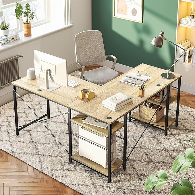 Bestier 95.2” L Shaped Desk, Reversible Corner Computer Desk or 2 Person Long Table with Adjustable Shelves, Large Writing Study Workstation with 3 Cable Holes - Oak