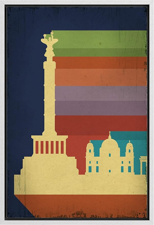 IDEA4WALL Framed Canvas Print Wall Art Retro Vintage Berlin Germany Poster Cultural Building Illustrations Modern Art Contemporary Scenic Warm for Living Room, Bedroom, Office - 24"x36" WHITE