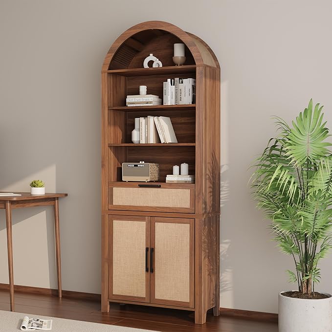 79" Tall Arched Bookcase with Storage, Mid Century Modern 6-Tier Cabinet with Door and Drawer, Arched Bookshelf with Open Display Shelf for Office Living Room(Walnut, 79inch-Doors)